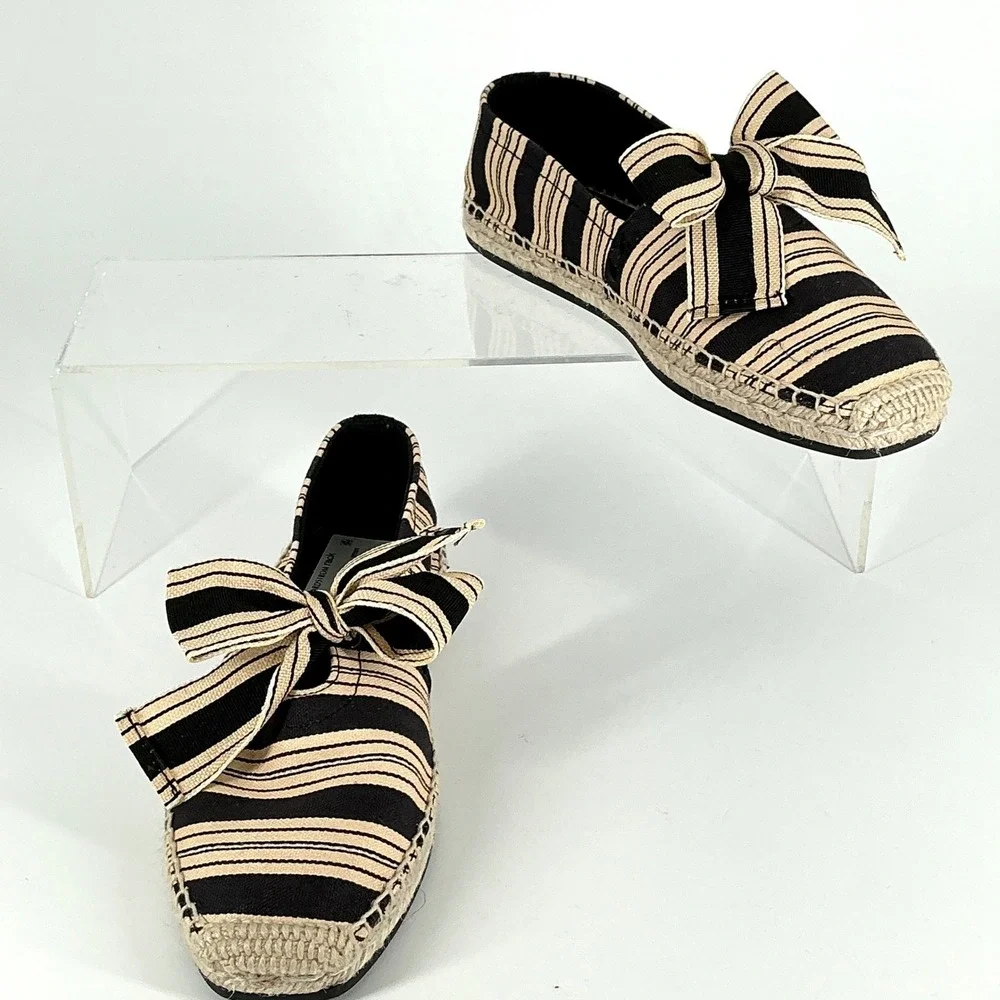 Tory Burch Size 6 Bow Espadrille Flats Black Tan NEW Vintage Striped Canvas $248